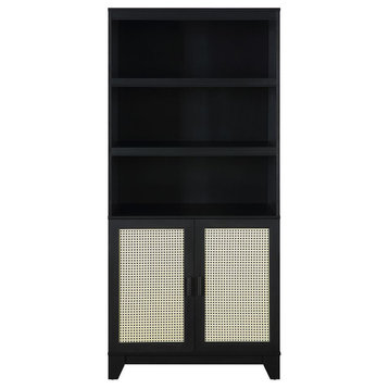 Sheridan Modern Cane Bookcase With Adjustable Shelves, Black