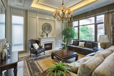 Inspiration for a mid-sized timeless formal and enclosed brown floor living room remodel in Tampa with beige walls, a standard fireplace, a stone fireplace and no tv