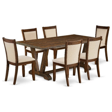 V777MZN32-7 Dining Table and 6 Light Beige Chairs - Distressed Jacobean Finish