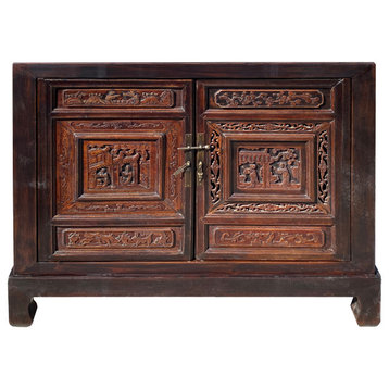Chinese Brown Scenery Relief Carving Panel Doors Side Table Cabinet Hcs7430