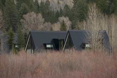 Inspiration for a mid-sized scandinavian black three-story wood and board and batten exterior home remodel in Jackson with a metal roof and a black roof