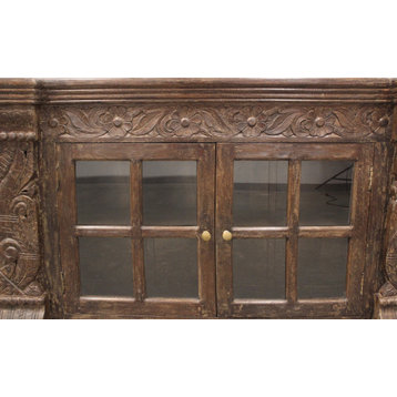 Euclidean 2-Door Hand-carved Solid Wood Sideboard with Glass Doors in Brown