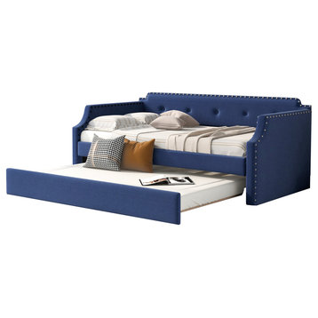 Upholstered Daybed with Trundle, Wood Slat Support(No mattress), Blue