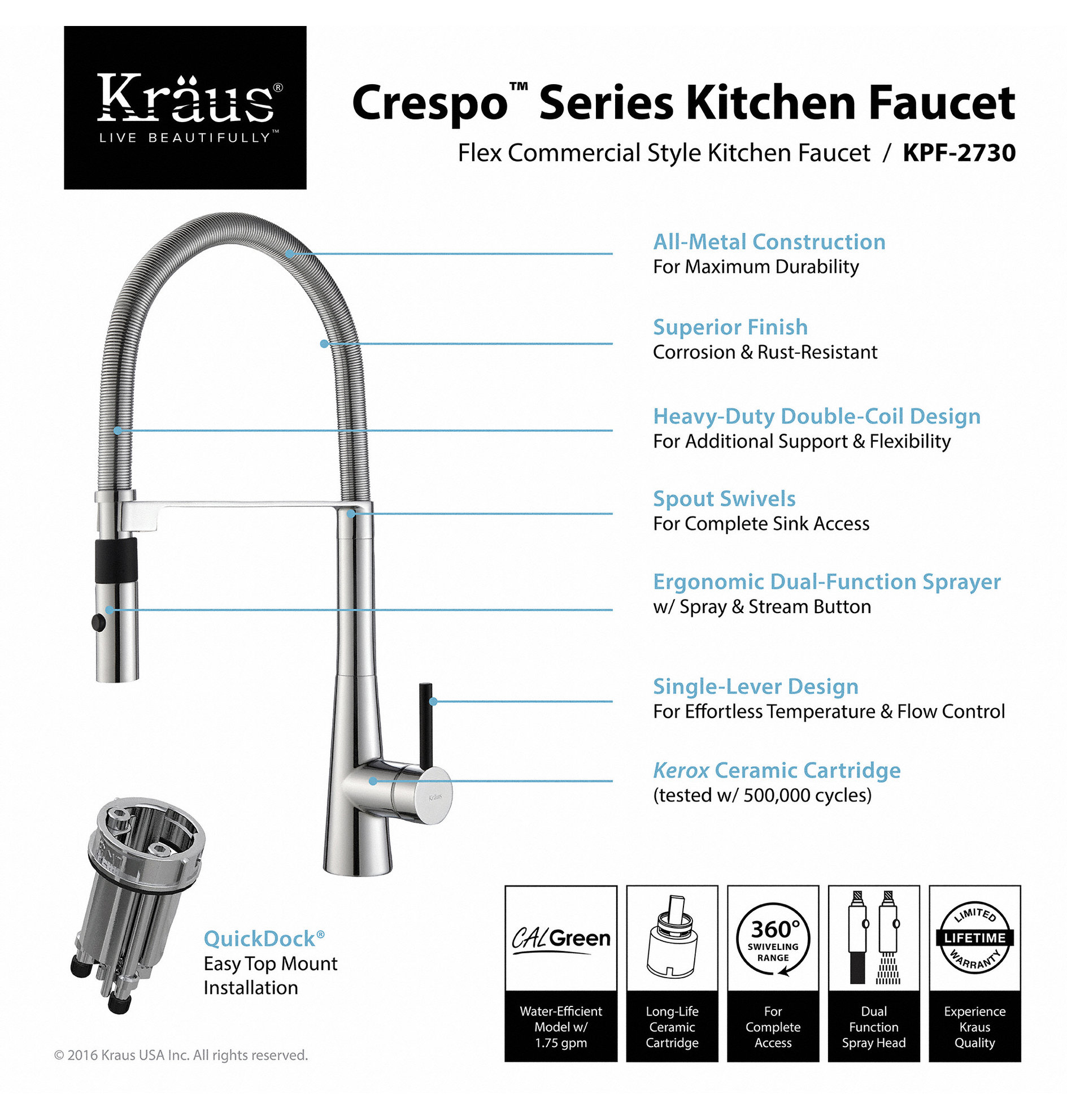 KRAUS Crespo 1-Handle Pre-Rinse Kitchen Faucet With 2-Function Sprayer, Chrome