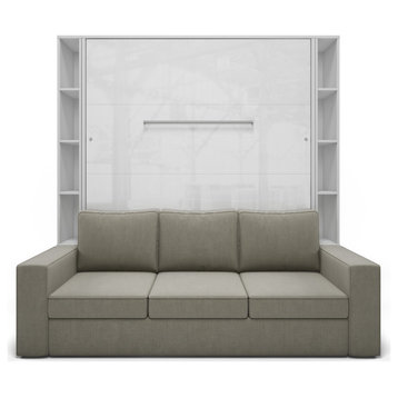 Wall Bed With Sofa, Cabinets, Queen, White/White/Beige