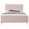 Zara Channel Tufted Velvet Upholstered Bed With Custom Gold Legs, Pink, Queen