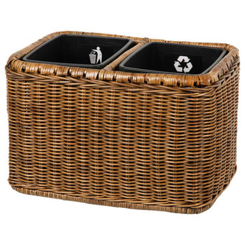 Rattan Double Waste Basket With Plastic Inserts, Antique Brown,2 x 4.75 gallons