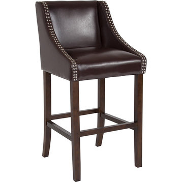 Carmel Series 30" High Transitional Walnut Barstool With Accent Nail Trim, Brown