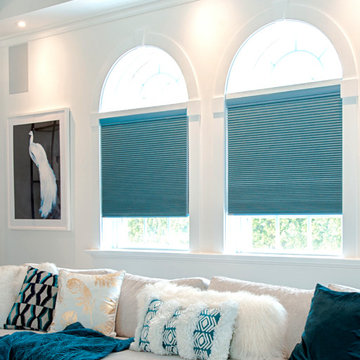 Custom-Colored Blue Honeycomb Shades | Residential Interior Windowscape