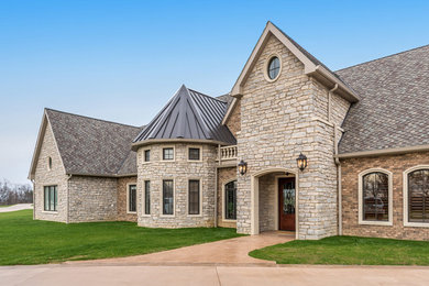 Example of a large mountain style double front door design in Other with a medium wood front door