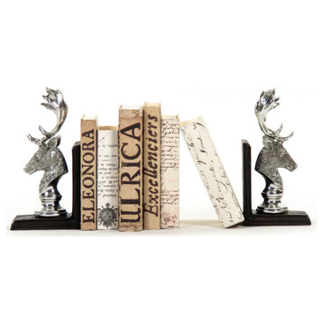 Deer Head Bookends - Electroplated Silver on Black Base