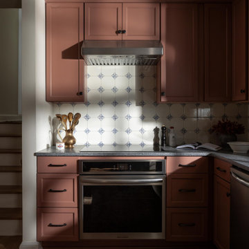 Modern Blue Ceramic Tile Kitchen with Patterned Backsplash