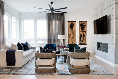 Inspiration for a mid-sized contemporary light wood floor and beige floor living room remodel in Atlanta with white walls, a ribbon fireplace and a concrete fireplace