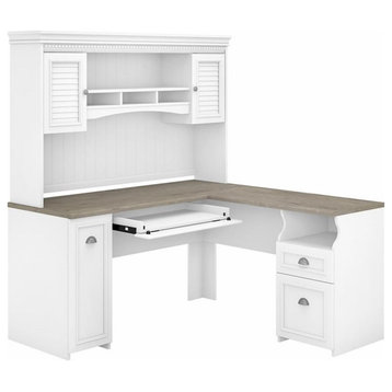 Pemberly Row 60W L Desk with Hutch in Shiplap Gray and White - Engineered Wood
