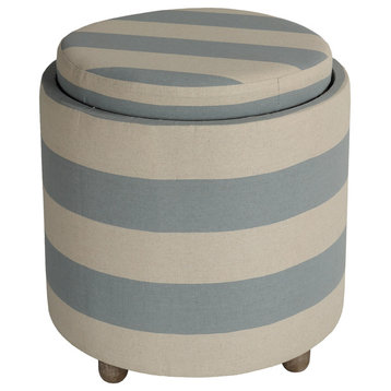 Cortesi Home Keyes Round Storage Ottoman With Tray Top, Blue and White Striped F