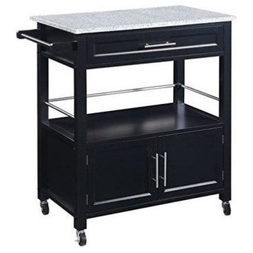 Pemberly Row Transitional Wood/Granite Top Kitchen Cart in Black