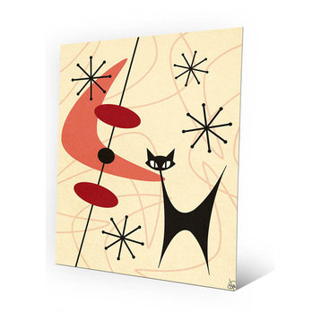 Retro Space Cat Boomerang & Astrobursts Mid-Century Wall Art Print 11"x14" Metal