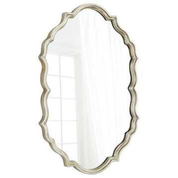 Rustic Oval Scalloped Wall Decor Mirror in White Patina Curved Beveled Frame