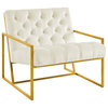 Velvet Tufted Armchair Brushed Gold Stainless Steel Frame, Ivory Velvet