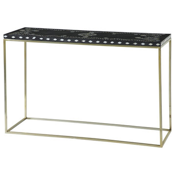 Eclectic Console Table, Narrow Design With Gold Frame & Mother of Pearl Details