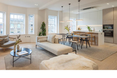 Foto di un soggiorno design di medie dimensioni e aperto con parquet chiaro