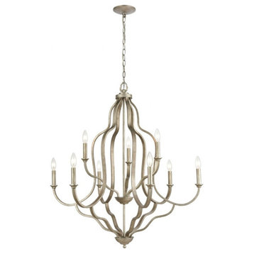 French Country Traditional Nine Light Chandelier in Dusted Silver Finish