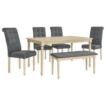 6 Piece Dining Table Set With Tufted Bench Chairs