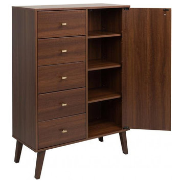 Retro Dresser, 5 Drawers & Cabinet Door With Brushed Brass Pulls, Cherry