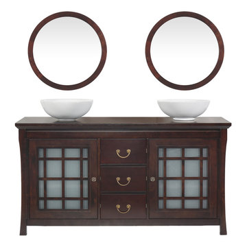 Maykke Shoji 60" Pacific-Rim Double Bathroom Vanity Set in Vintage Wal