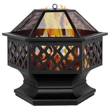 24" Outdoor Black Iron Fire Pit Bowl With Flame-retardant spark guard