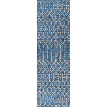 Ourika Moroccan Geometric Indoor/Outdoor Rug, Navy/Light Gray, 2x8