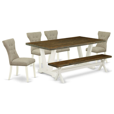 6-Piece Dinette Set, 4 Padded Chairs, Top and Wooden Legs Table and Wooden Bench