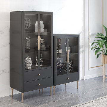 Modern 2-Door Display Cabinet MDF and Tempered Glass Door with Drawers in Black