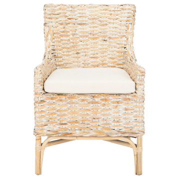 Contemporary Accent Chair, Rattan Frame and Comfortable Cushioned Seat, Whitewash
