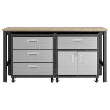 Pemberly Row 3-Piece Modern Metal Worktable & Garage Cabinet in Gray