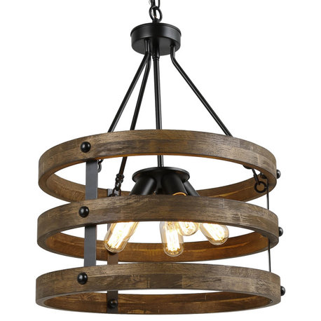 LNC 3-Light Globe Natural Wood Farmhouse Round Chandelier, Matte Black