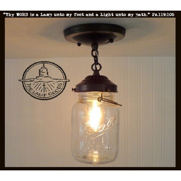 Mason Jar Ceiling Light With Chain and Vintage Quart, Oil Rubbed Bronze