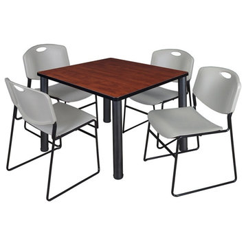 Kee 36" Square Breakroom Table, Cherry/Black and 4 Zeng Stack Chairs, Gray