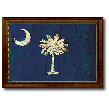 South Carolina State Vintage Flag Print With Brown Gold Frame, 15"X21"