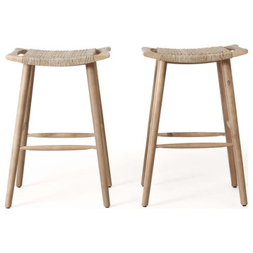 Dade Outdoor Acacia Wood Barstool With Wicker, Set of 2