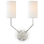 Hudson Valley Lighting - Borland, 2 Light, Wall Sconce, Polished Nickel Finish, White Fabric - Rock crystal, hewn from distant mountains, bejewels the center of a glamorous sunburst. The starbust mirror rose to prominence in France and Belgium; it's since become a staple in rooms looking to add an accent with dynamic energy and a suggestion of luxury. Our Borland family answers this same need, but its opulence is heightened by the glossy dome of its central quartz setting.