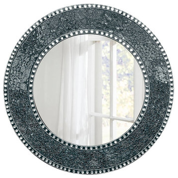 24" Decorative Round Glass Mosaic Wall Mirror, Silver/Black