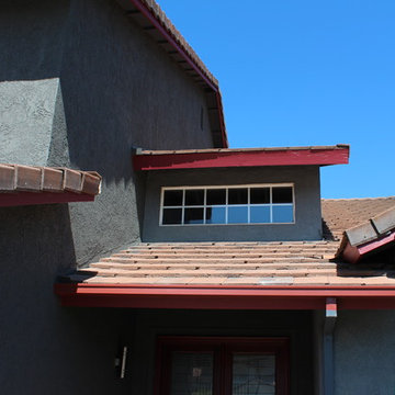 Seamless Box Style Gutters, Colonial Red, Storm Gray Downspouts