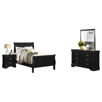 4-Piece Modern Twin Sleigh Bed, Dresser, Mirror, Nightstand Burnished Black