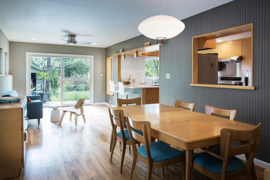 Example of a mid-century modern medium tone wood floor dining room design in Austin with gray walls