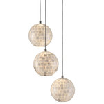 Currey & Company - Finhorn 3-Light Multi-Drop Pendant - The Finhorn 3-Light Multi-Drop Pendant has orb-shaped shades covered with small squares of mother of pearl, painstakingly hand-applied. The stem and canopy of the white pendant light are in a painted silver finish to keep the composition light. This fixture is among Currey & Company's introduction of cluster lights, which includes 1-light up to 36-light configurations. We also offer the Finhorn in an orb pendant.