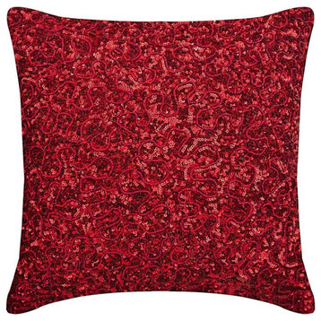 Red Bling 12"x12" Silk Throw Pillow Cover Sequins Embroidered, Red Glitterati