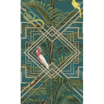 Art Deco Geometric Tropical Wallpaper, Turqouise, 57 Sq.ft Double Roll