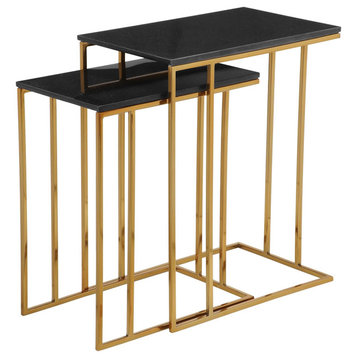 Set of 2 Nesting End Table, Open Golden Metal Base With Black Natural Marble Top