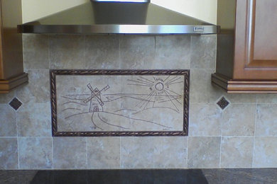 Kitchen - mid-sized porcelain tile kitchen idea in San Francisco with a double-bowl sink, granite countertops, beige backsplash, porcelain backsplash and stainless steel appliances